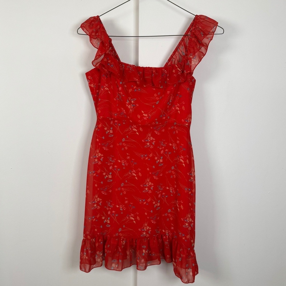Park & Fifth Red Floral Babydoll Mini Dress Ruffle Coquette Whimsy Small SS